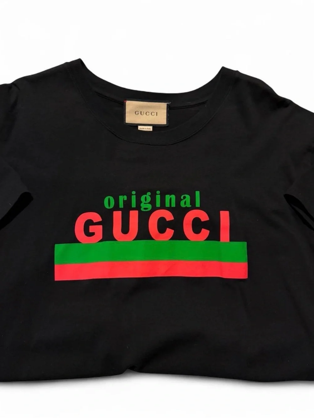Gucci Black Tee with Green and Red Logo Stripe